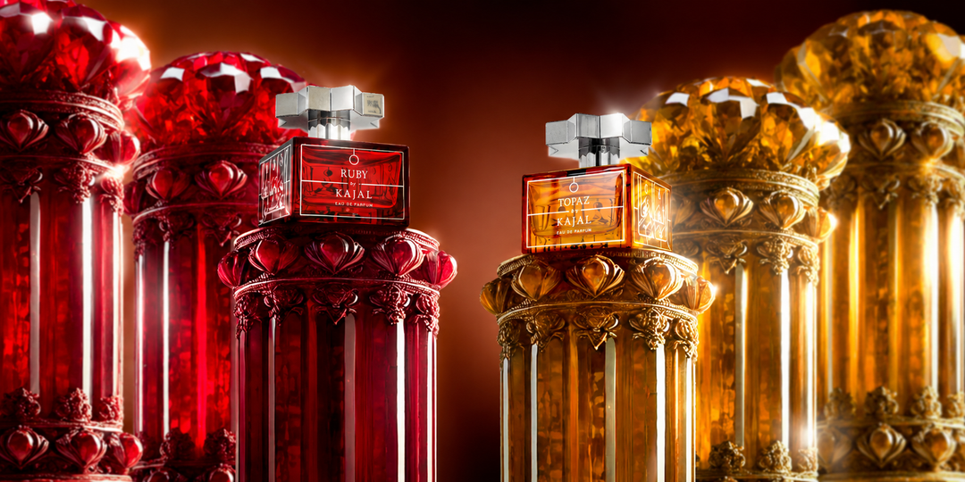 Kajal Ruby and Topaz eau de parfum bottles on a banner for Khrisha Perfumery