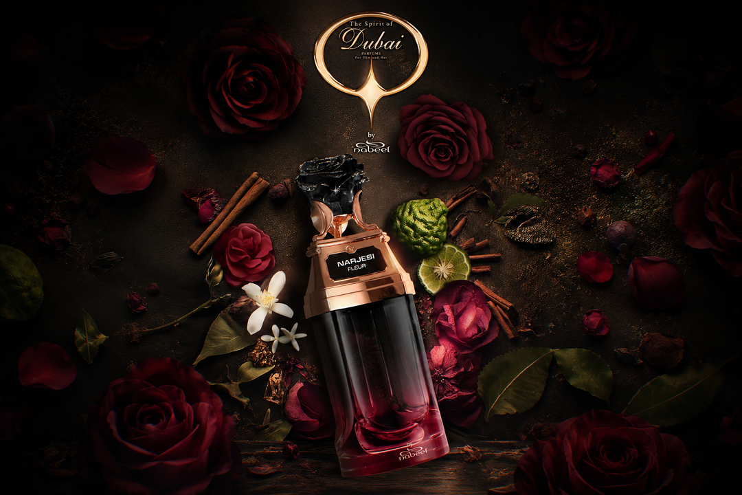 The Spirit of Dubai Narjesi Fleur eau de parfum bottle surrounded by red roses, orange blossom, bergamot and cinnamon