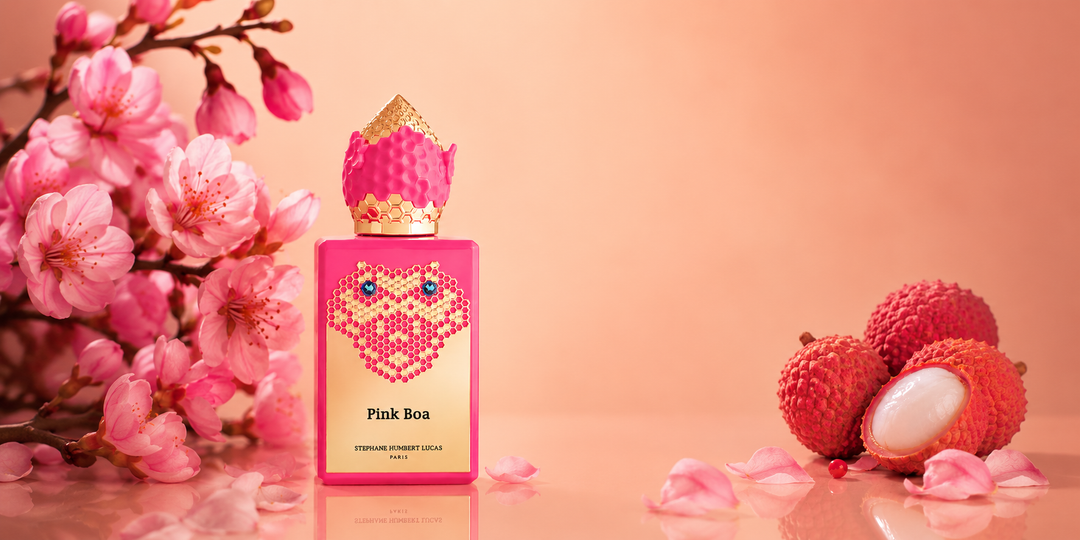 Stéphane Humbert Lucas 777 Pink Boa perfume bottle beside cherry blossom and fresh lychee on a soft pink backdrop
