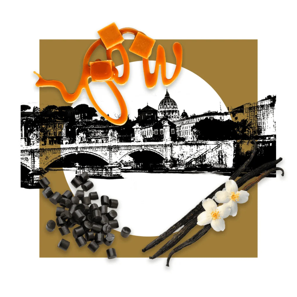 Pantheon Roma Trastevere scent notes artwork with vanilla and caramel
