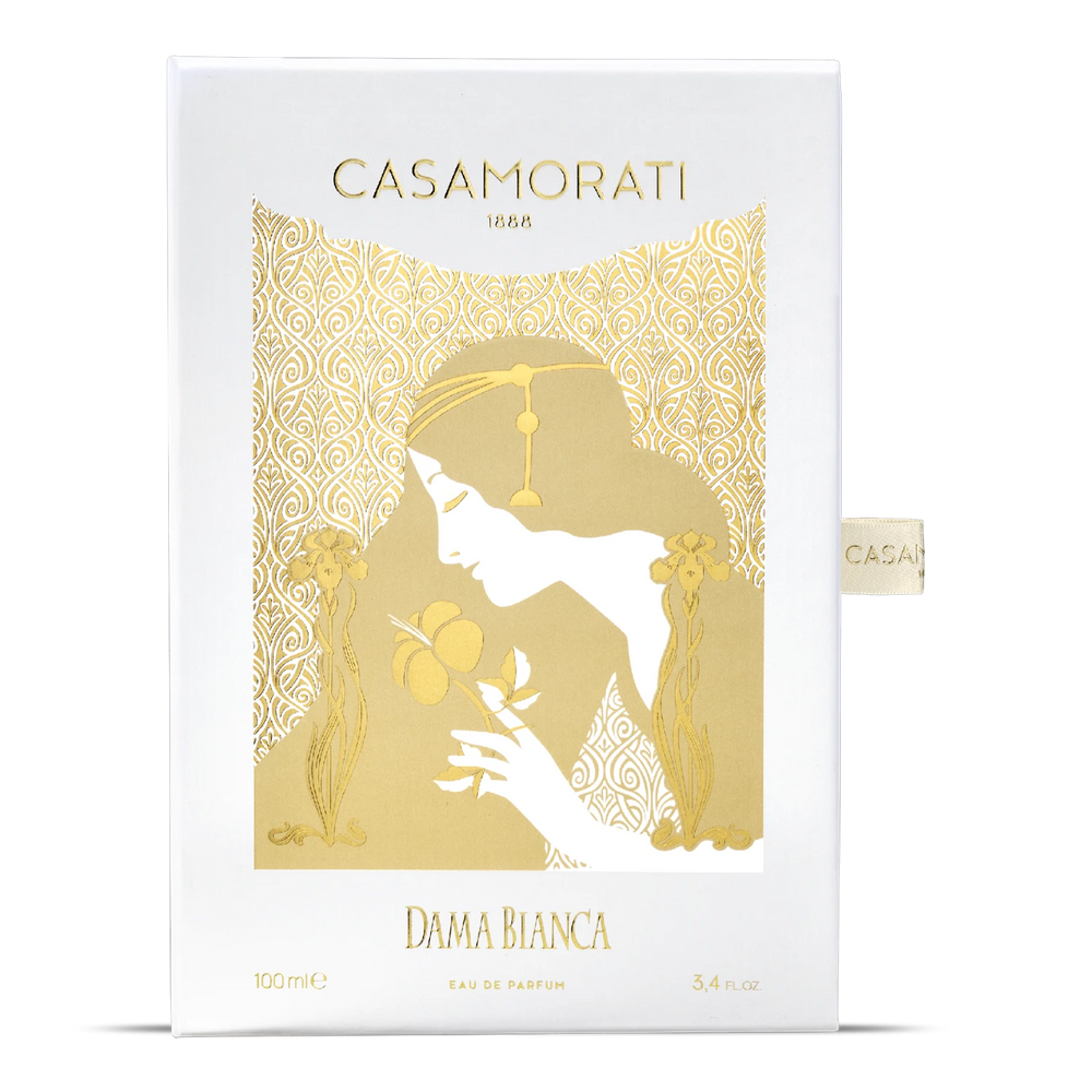 Casamorati Dama Bianca Eau de Parfum - side angle with packaging