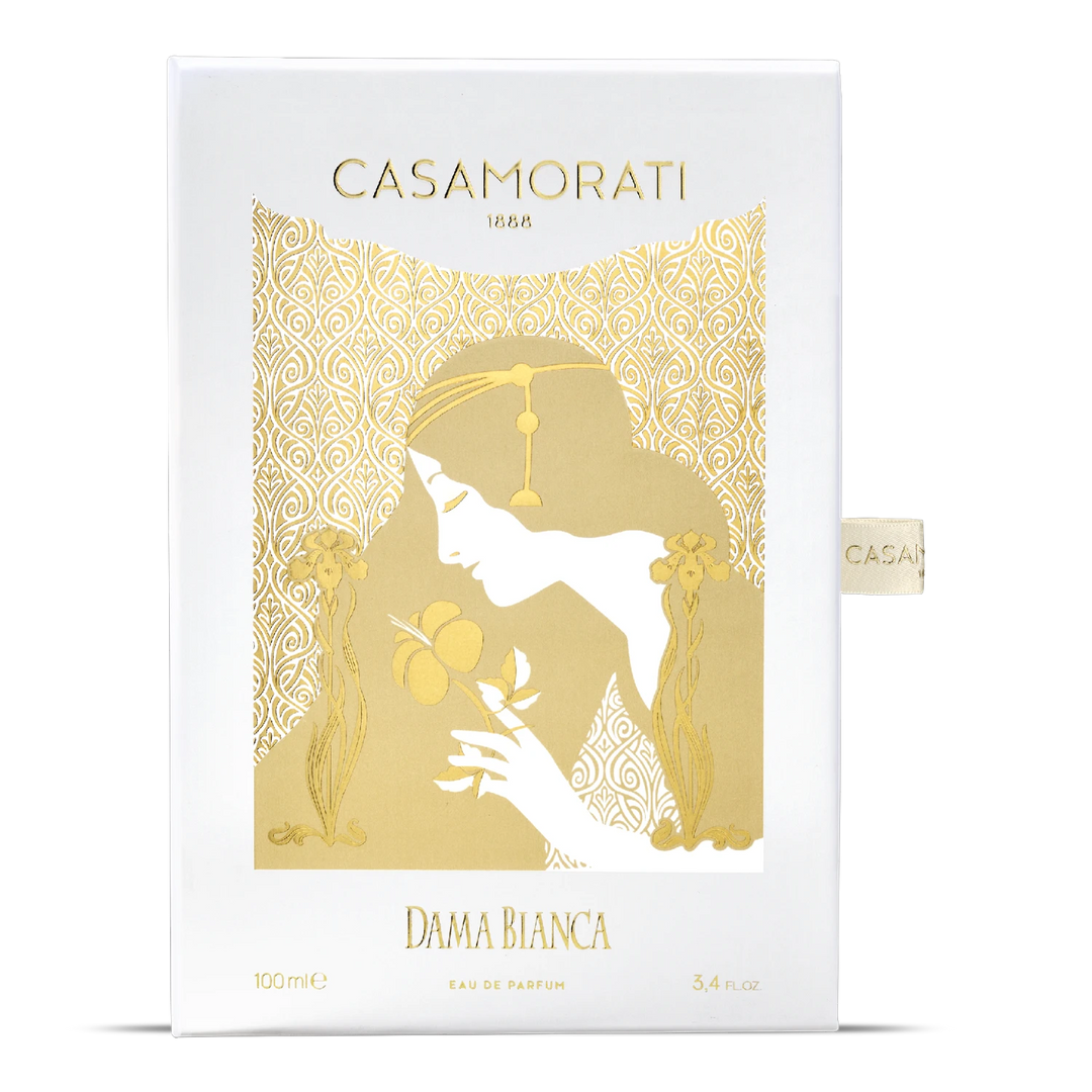 Casamorati Dama Bianca Eau de Parfum - side angle with packaging