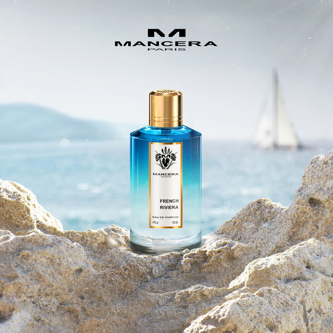 Mancera French Riveria 120ml Eau de Parfum - side angle with packaging