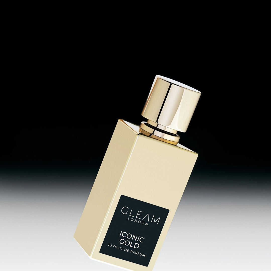 Gleam Iconic Gold 50ml Extrait de Parfum - side angle with packaging