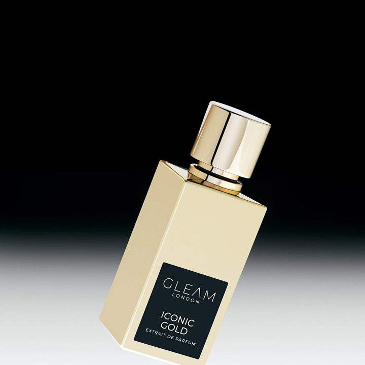 Gleam Iconic Gold 50ml Extrait de Parfum - side angle with packaging