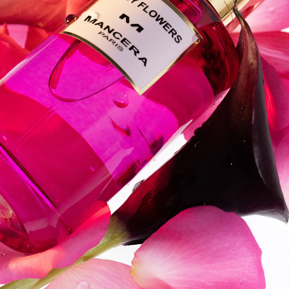 Mancera Juicy Flowers 120ml Eau de Parfum - side angle with packaging