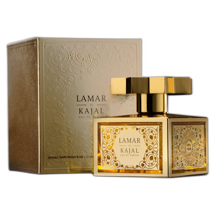 Kajal Lamar 100ml Eau de Parfum - side angle with packaging