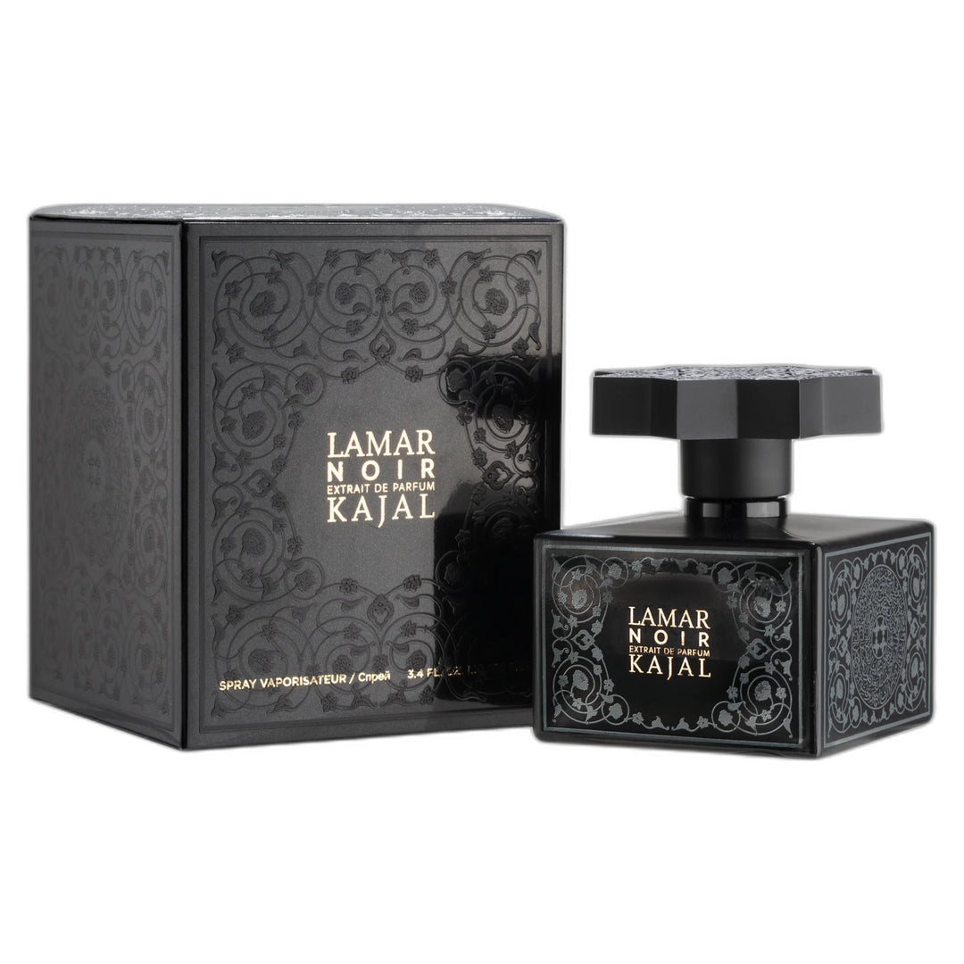 Kajal Lamar Noir 100ml Extrait de Parfum - side angle with packaging