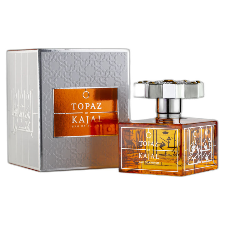 Kajal Topaz 100ml Eau de Parfum - side angle with packaging