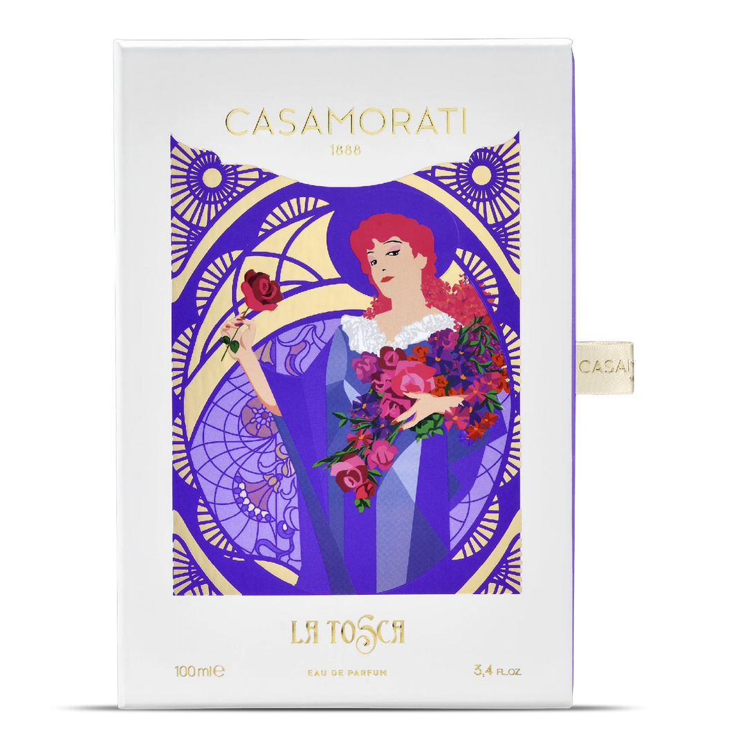 Casamorati La Tosca 100ml Eau de Parfum - side angle with packaging