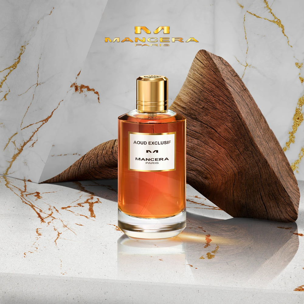 Mancera Aoud Exclusif 120ml Eau de Parfum - side angle with packaging