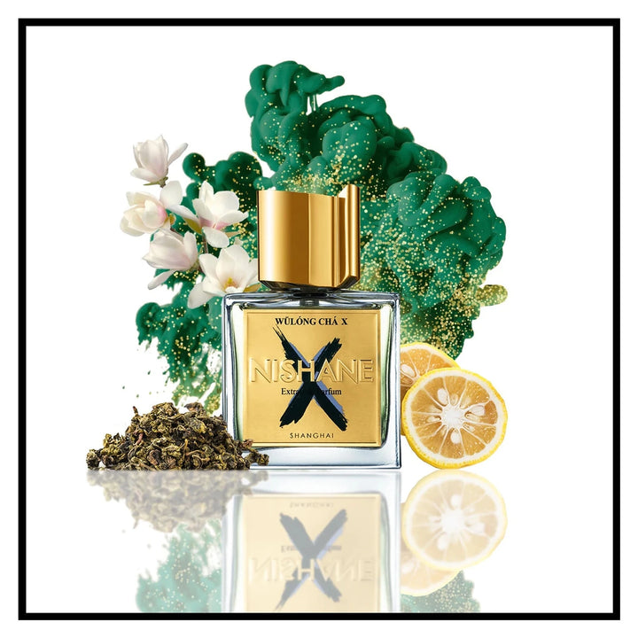 Nishane Wulong Cha X 50ml Extrait de Parfum - side angle with packaging