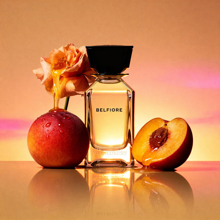 Oman Luxury Belfiore Eau de Parfum bottle with peaches and roses in warm sunset light