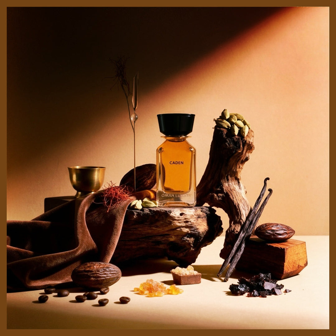 Oman Luxury Caden Eau de Parfum bottle in a still life of spices and vessels