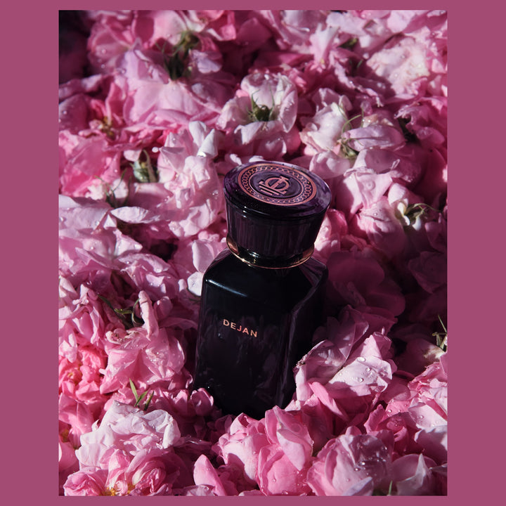 Oman Luxury Dejan Eau de Parfum bottle buried in fresh damask rose petals