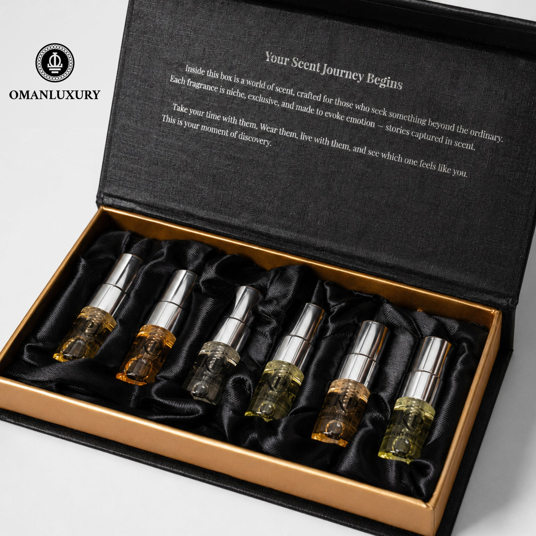 Oman Luxury discovery set with six 3ml sample sprays in a black and gold gift box