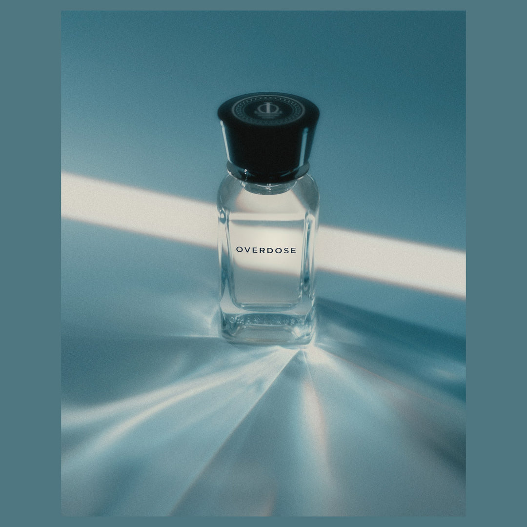 Oman Luxury Overdose Eau de Parfum bottle against a teal studio backdrop