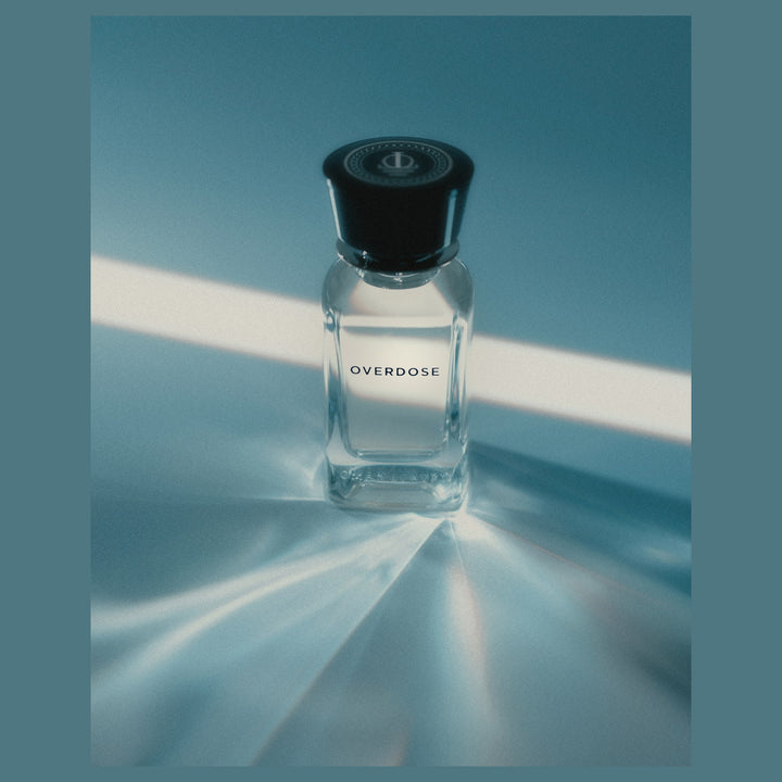 Oman Luxury Overdose Eau de Parfum bottle against a teal studio backdrop