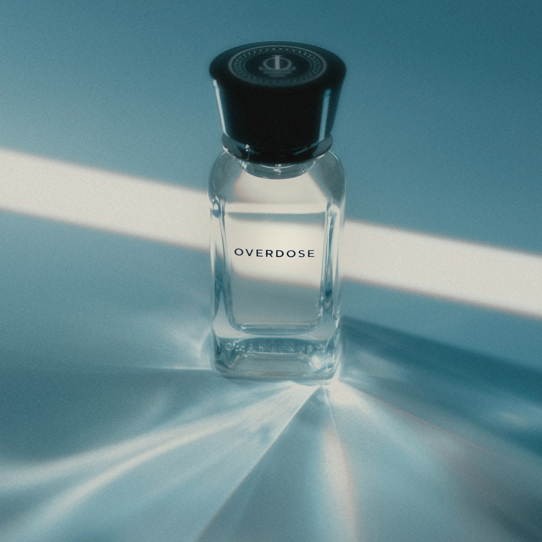 Oman Luxury Overdose Eau de Parfum bottle against a teal studio backdrop
