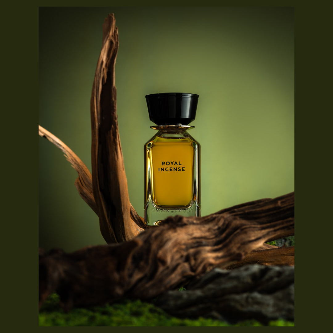 Oman Luxury Royal Incense Eau de Parfum bottle on driftwood against green studio light