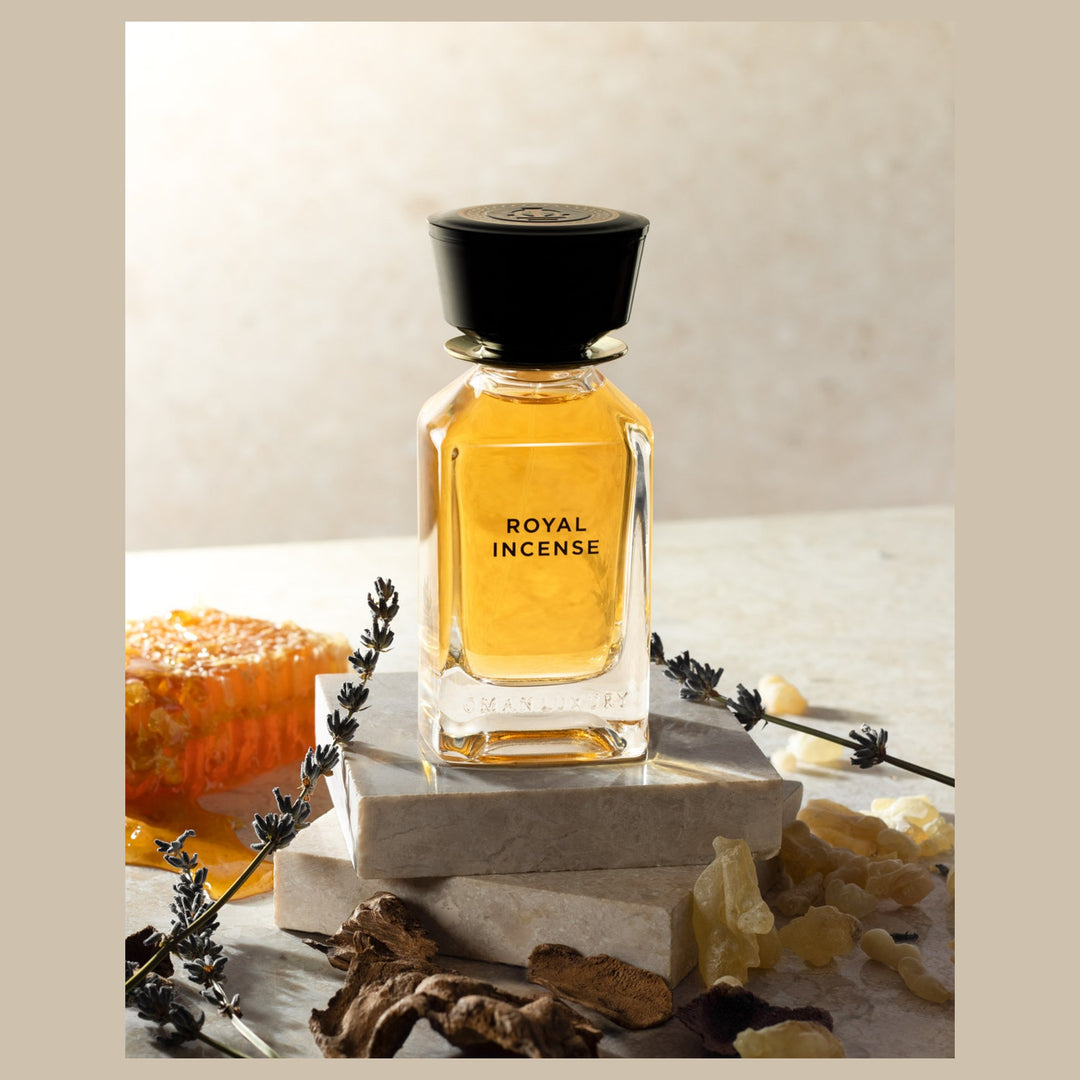 Oman Luxury Royal Incense Eau de Parfum bottle with honeycomb, resin and dried botanicals