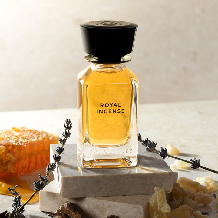 Oman Luxury Royal Incense Eau de Parfum bottle with honeycomb, resin and dried botanicals