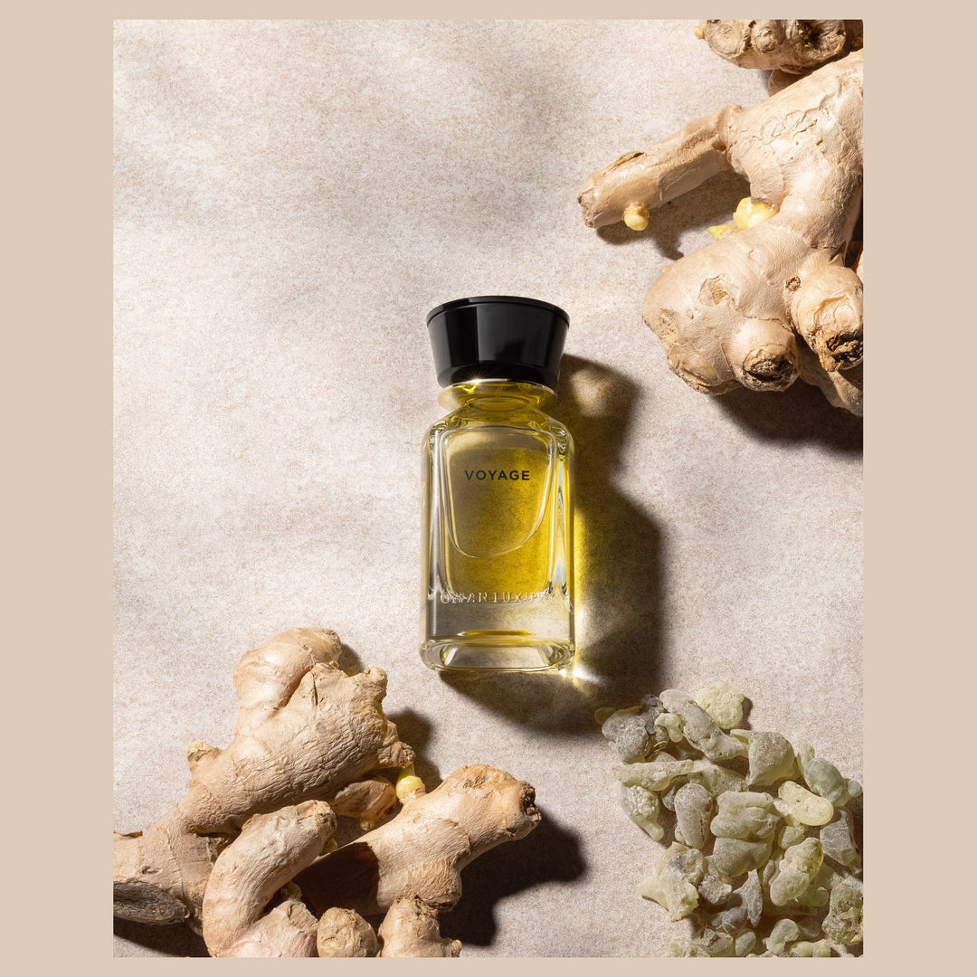 Oman Luxury Voyage Eau de Parfum bottle with ginger root and frankincense resin