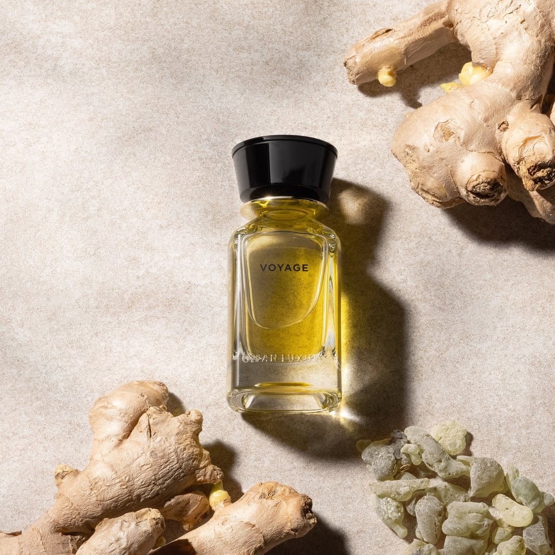 Oman Luxury Voyage Eau de Parfum bottle with ginger root and frankincense resin