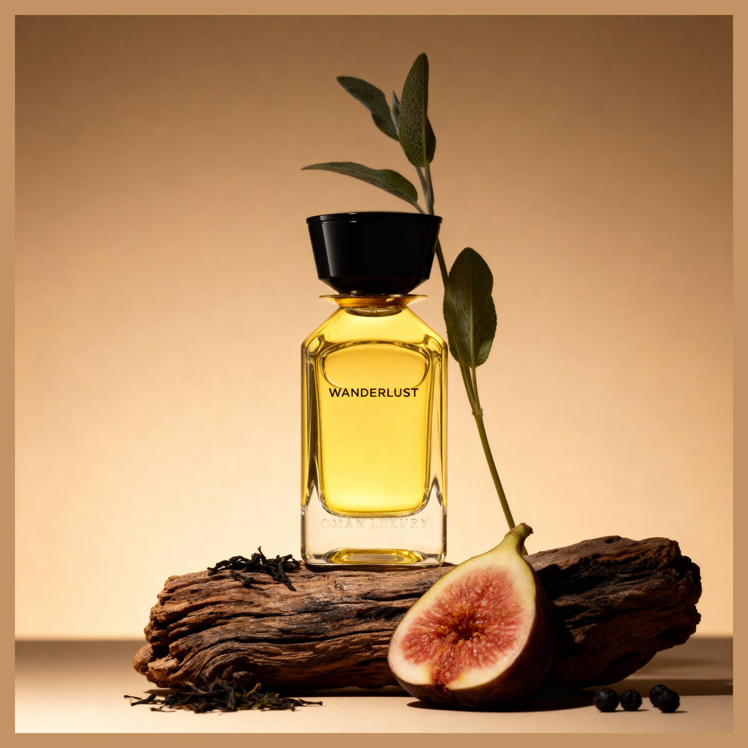 Oman Luxury Wanderlust Eau de Parfum bottle on driftwood with fresh fig and sage
