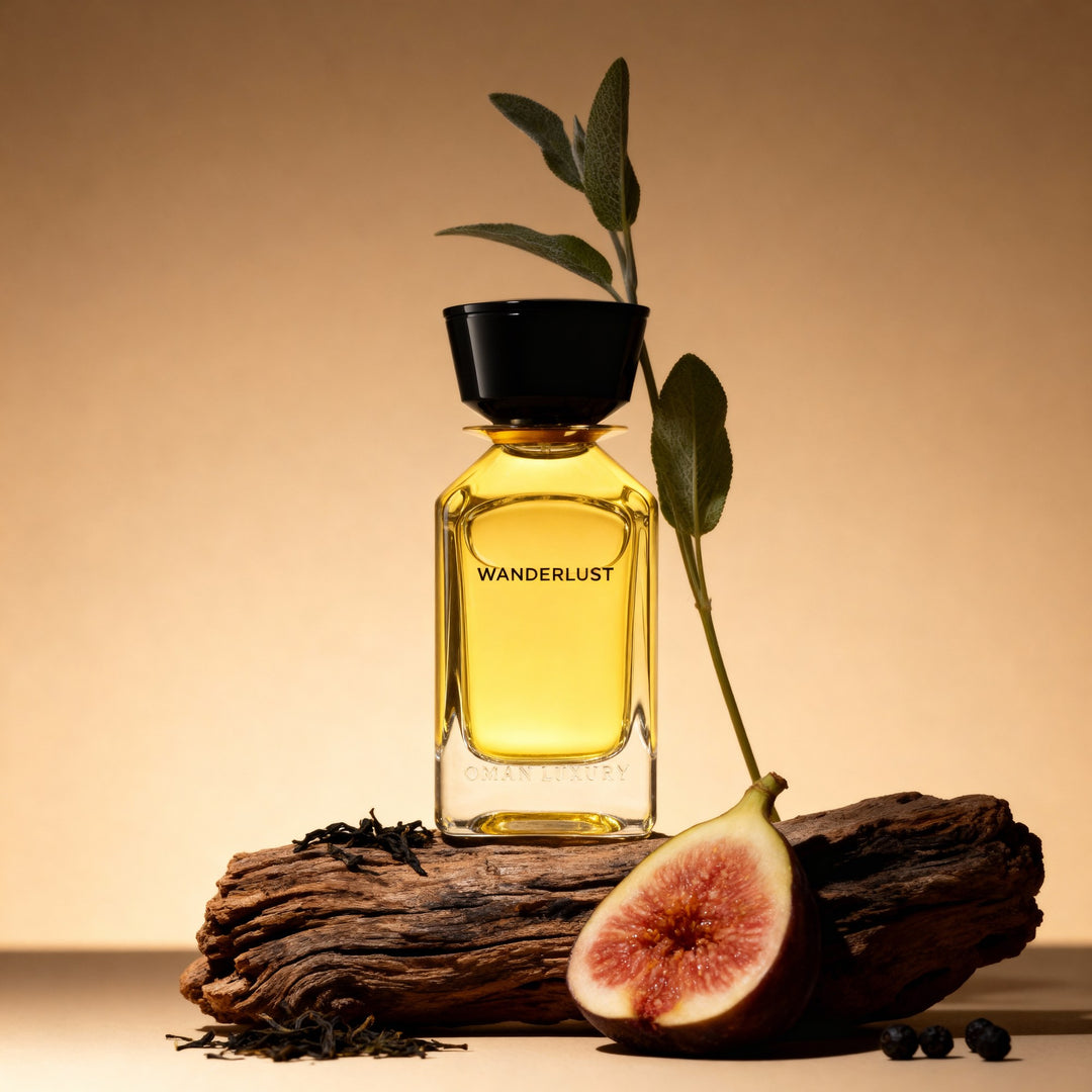 Oman Luxury Wanderlust Eau de Parfum bottle on driftwood with fresh fig and sage