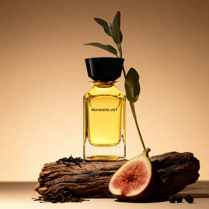 Oman Luxury Wanderlust Eau de Parfum bottle on driftwood with fresh fig and sage