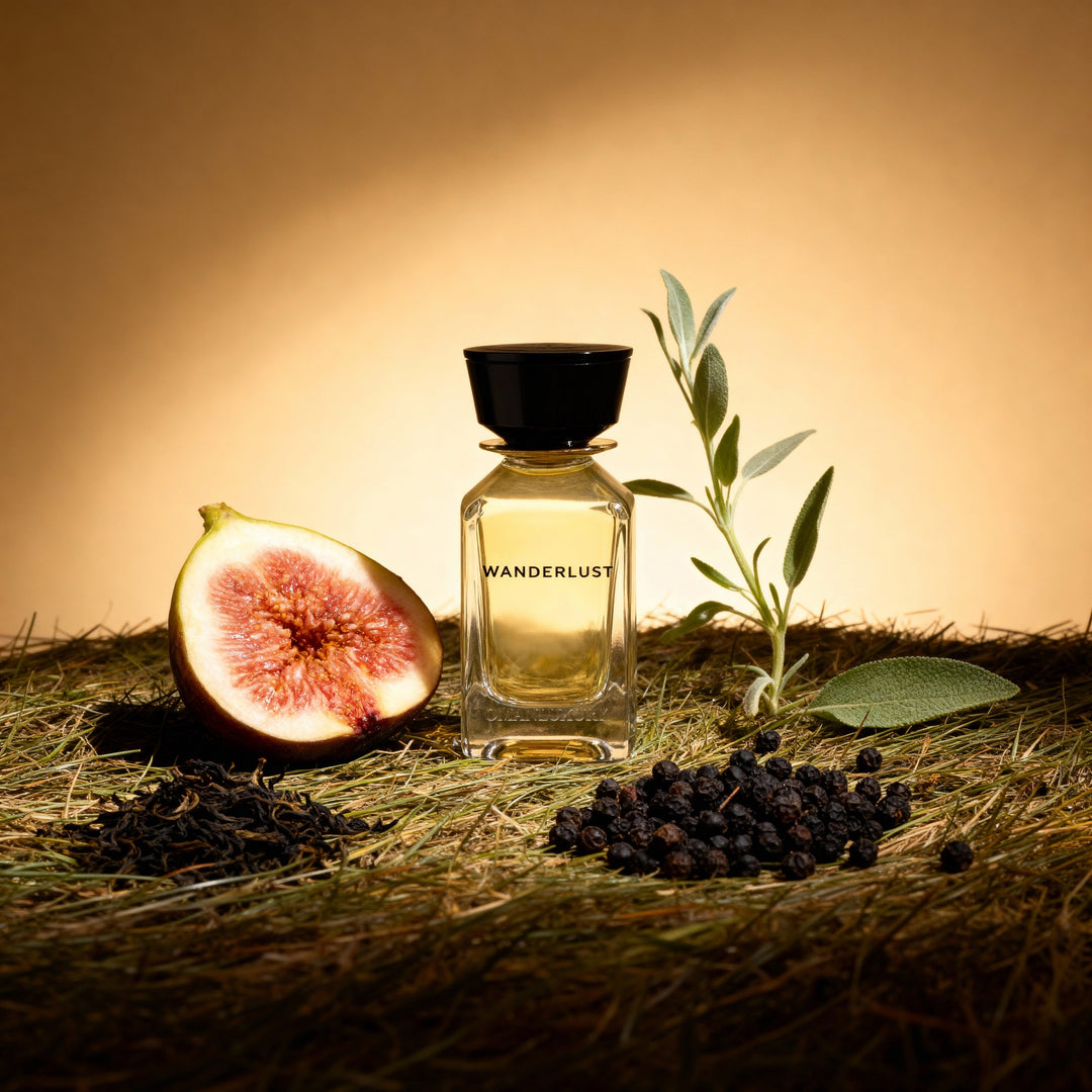 Oman Luxury Wanderlust Eau de Parfum bottle with figs, moss and black pepper