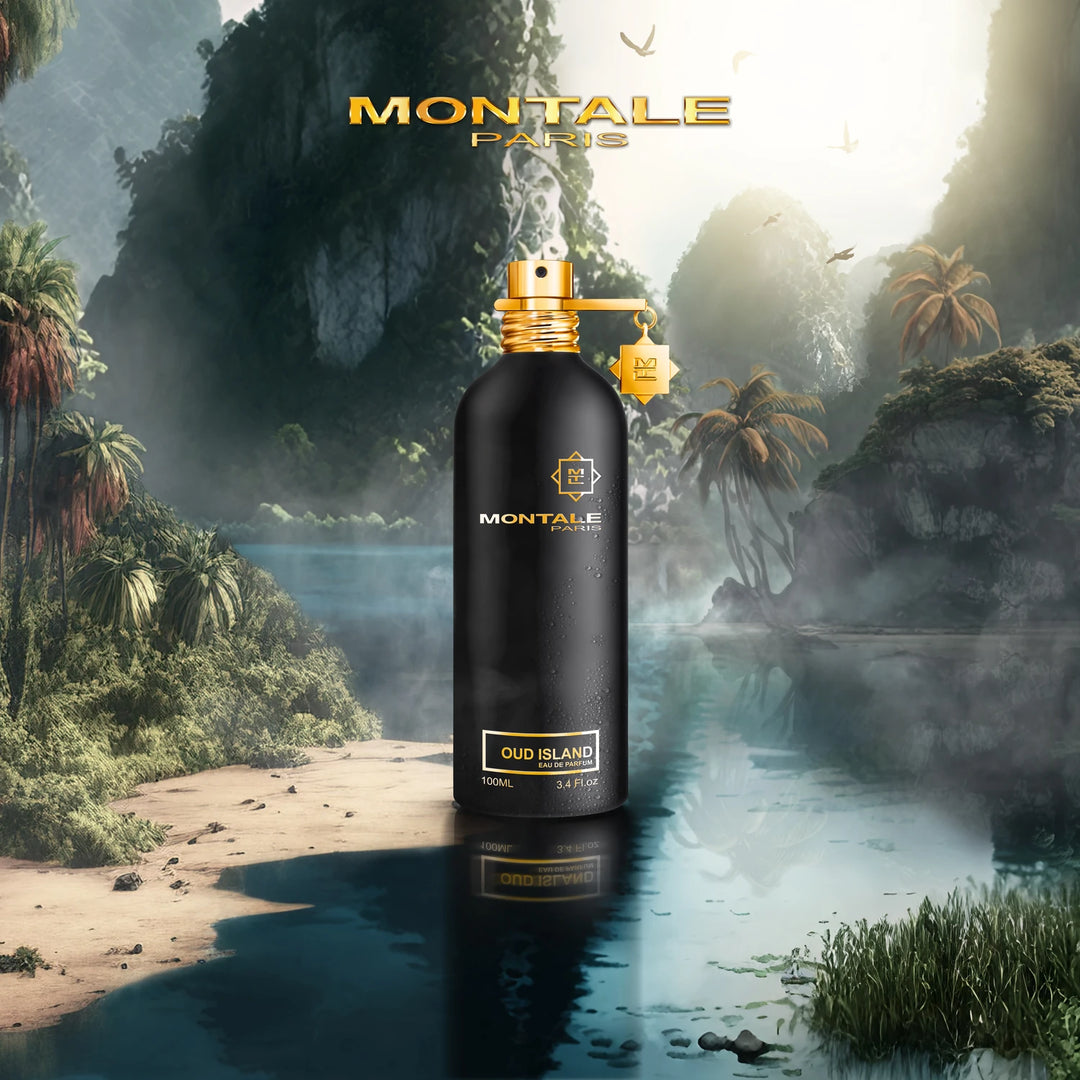 Montale Oud Island 100ml Eau de Parfum - side angle with packaging