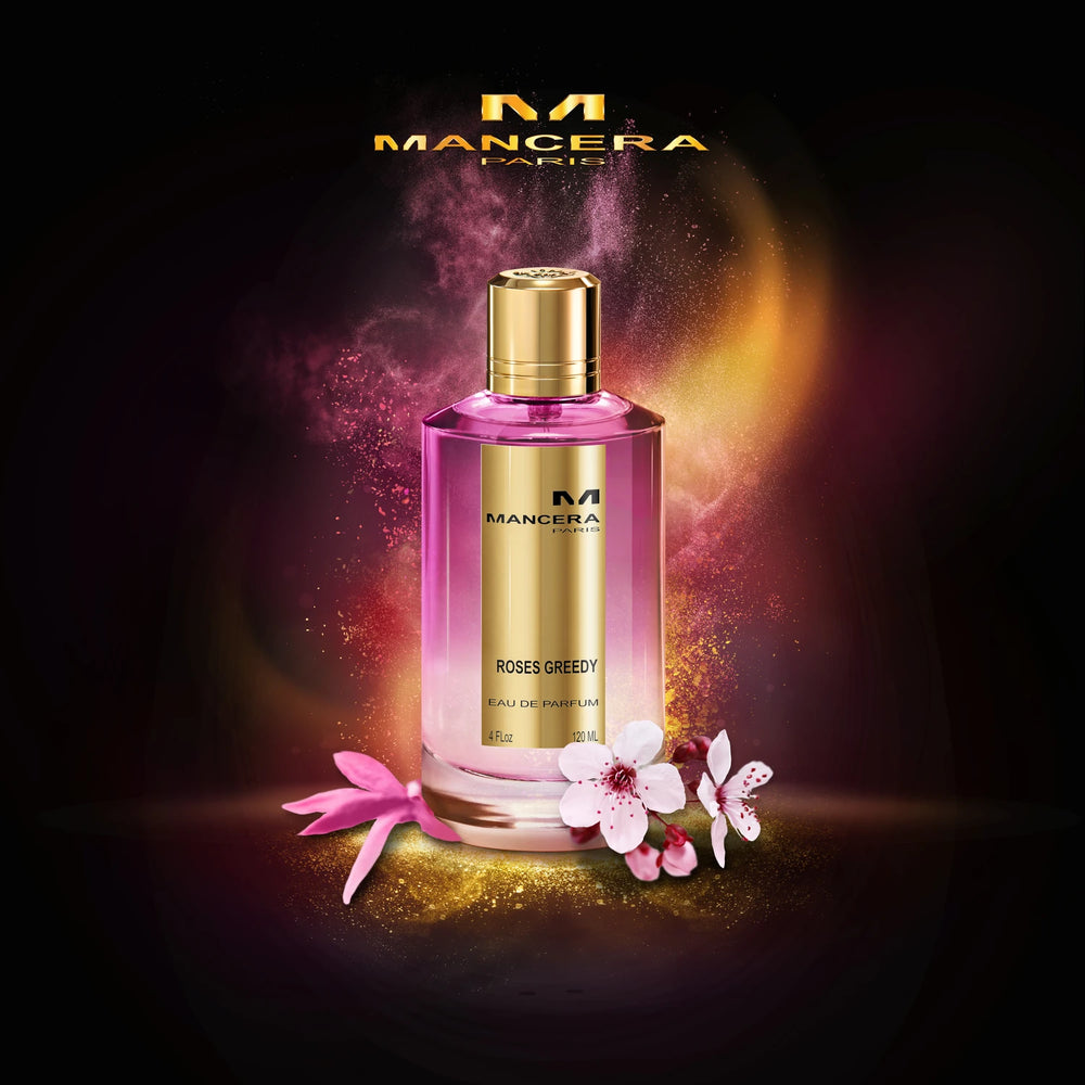 Mancera Roses Greedy 120ml Eau de Parfum - side angle with packaging