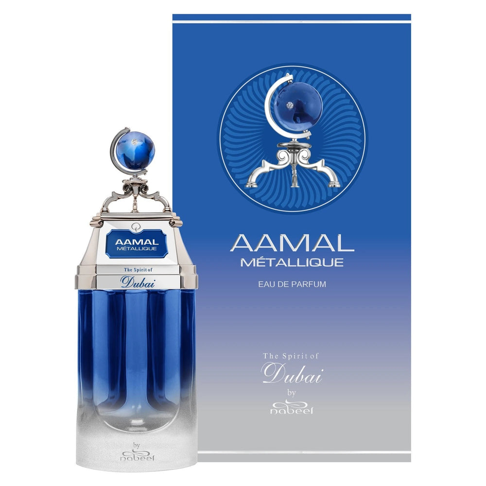 The Spirit of Dubai Aamal Metallique 90ml Eau de Parfum - side angle with packaging