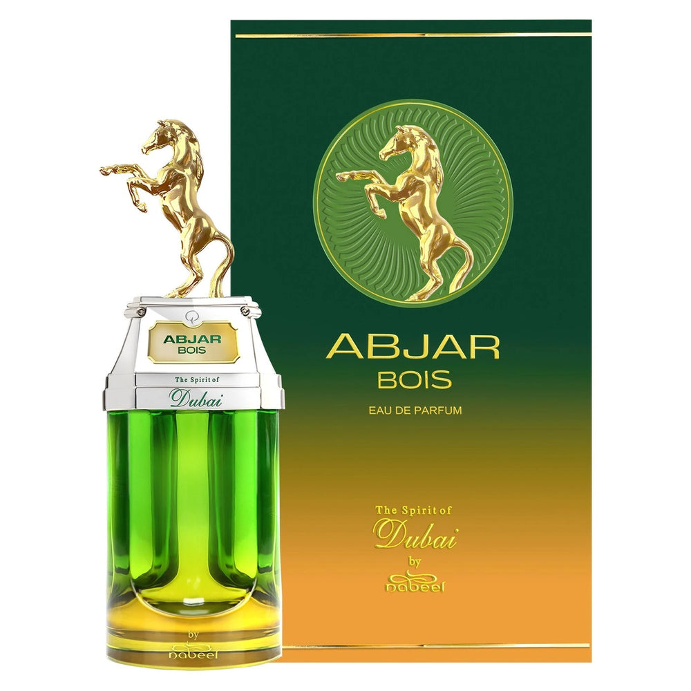 The Spirit of Dubai Abjar Bois 90ml Eau de Parfum - side angle with packaging
