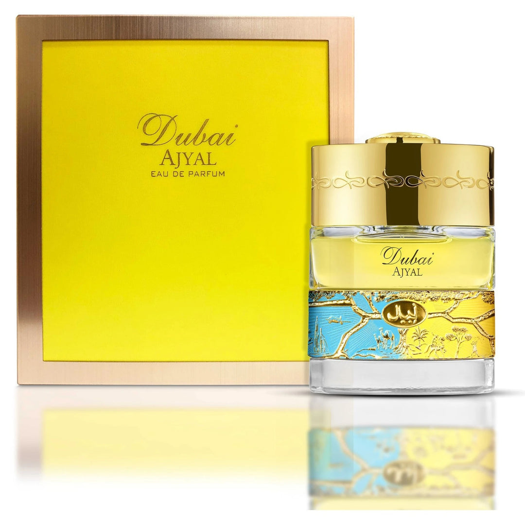 The Spirit of Dubai Ajyal 50ml Eau de Parfum - side angle with packaging