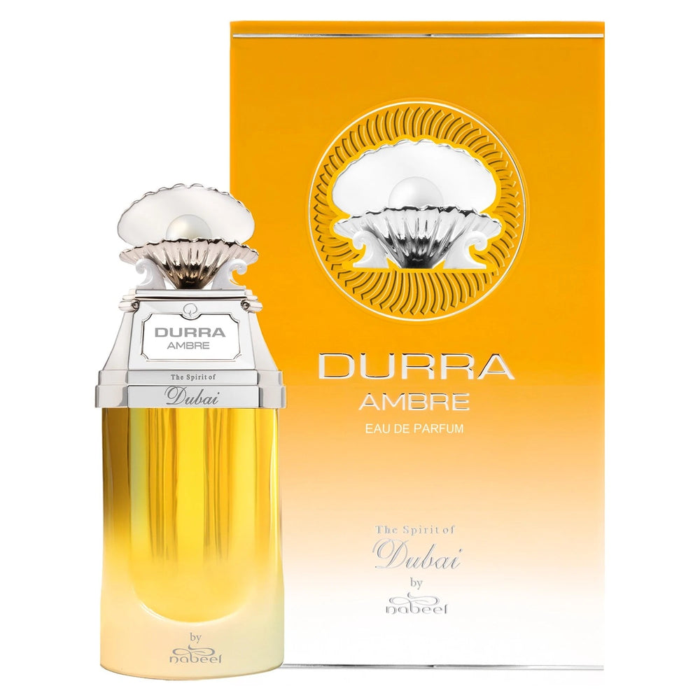 The Spirit of Dubai Durra Ambre 90ml Eau de Parfum - side angle with packaging