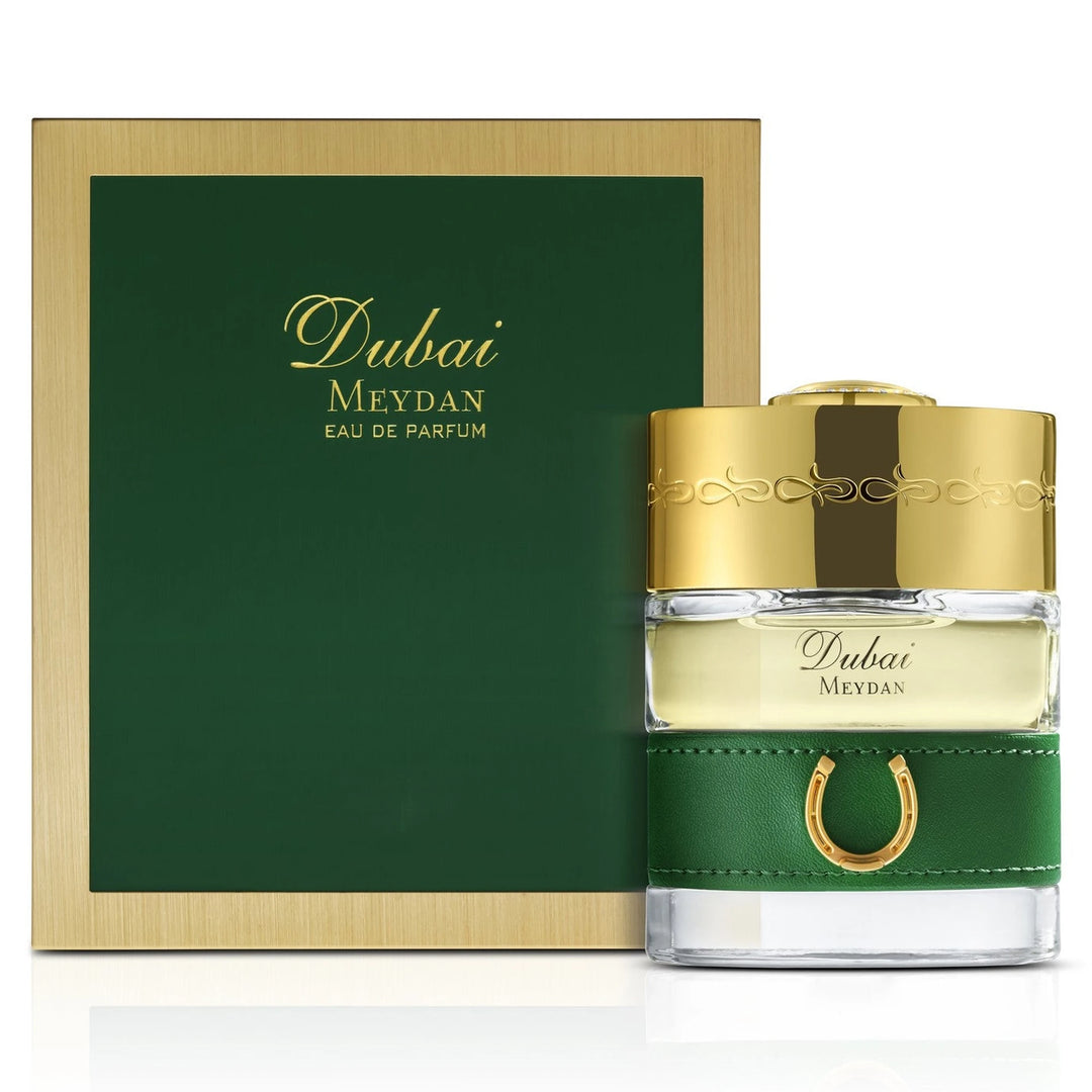 The Spirit of Dubai Meydan 50ml Eau de Parfum - side angle with packaging