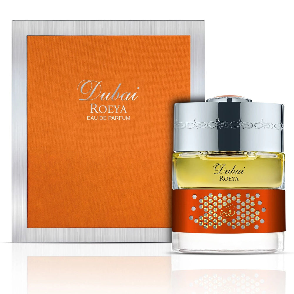 The Spirit of Dubai Roeya 50ml Eau de Parfum - side angle with packaging
