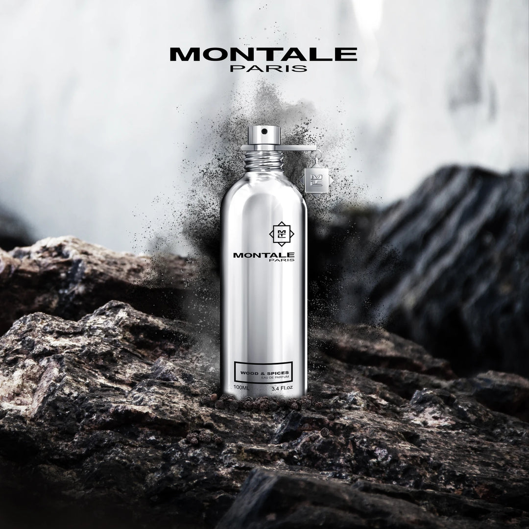 Montale Woods & Spices 100ml Eau de Parfum - side angle with packaging