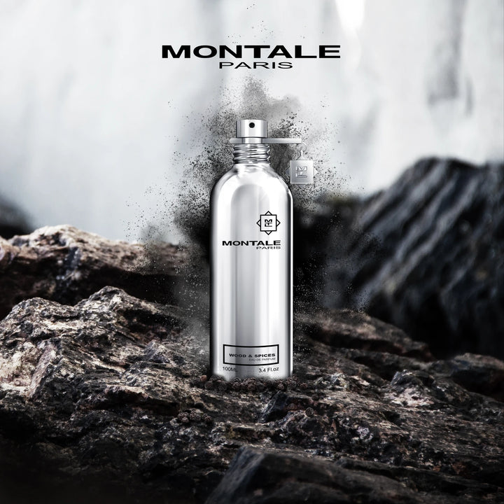 Montale Woods & Spices 100ml Eau de Parfum - side angle with packaging